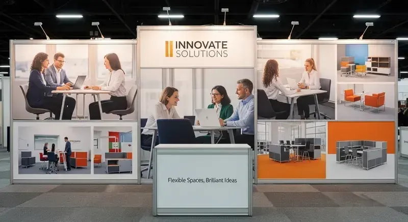 Professional modular trade show booth for "Innovate Solutions" featuring branded walls, a welcome counter, and high-resolution lifestyle graphics
