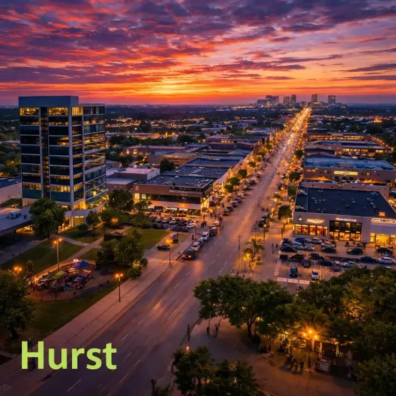 Evening cityscape of Hurst, Texas, featuring illuminated streets and local commercial centers
