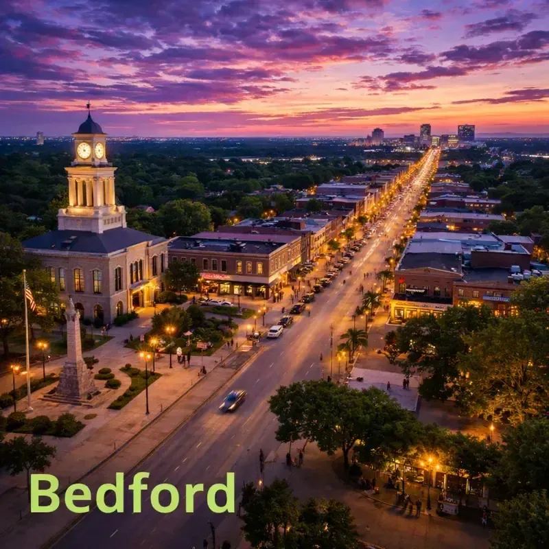 Sunset aerial of Bedford, Texas, showcasing local roadways and the suburban landscape