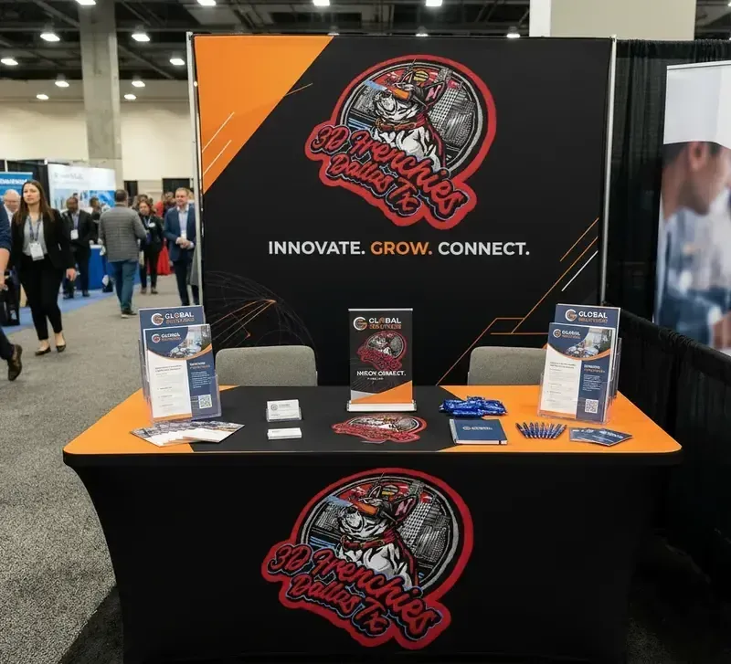 A clean black and orange tradeshow booth featuring a branded table runner and an "Innovate. Grow. Connect." backdrop banner