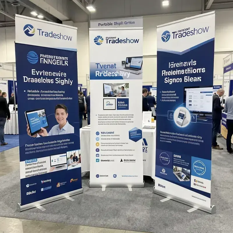 Three professional blue and white vertical retractable banners side-by-side, showcasing high-resolution corporate branding for trade shows