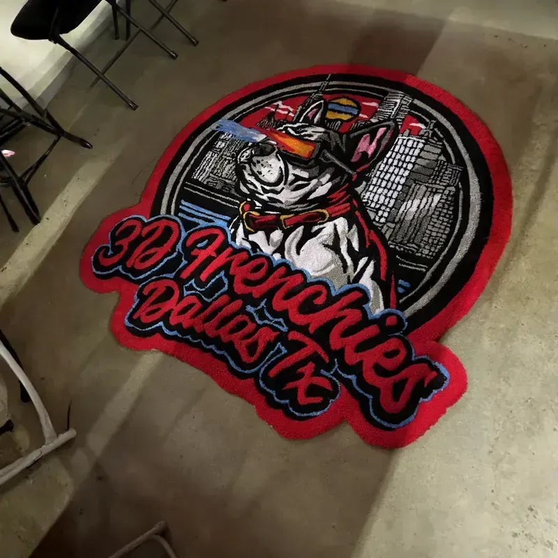 A high-resolution, custom-printed floor decal featuring a detailed "3D Frenchies Dallas Tx" mascot logo on a polished concrete surface