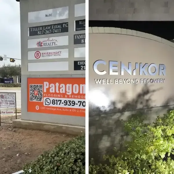 Side-by-side comparison of a multi-tenant monument sign and dimensional channel letters on a DFW commercial building