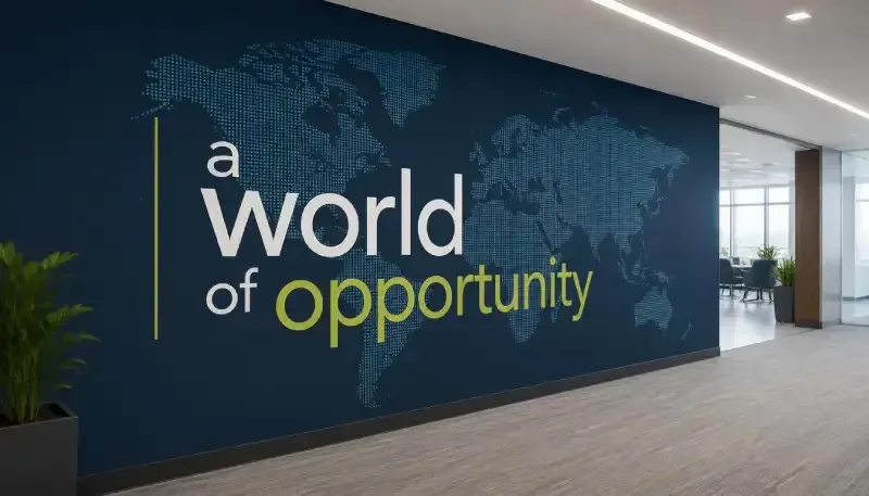 A large, red illuminated wall graphic in a modern office hallway displaying "A world of opportunity" alongside high-quality campus imagery