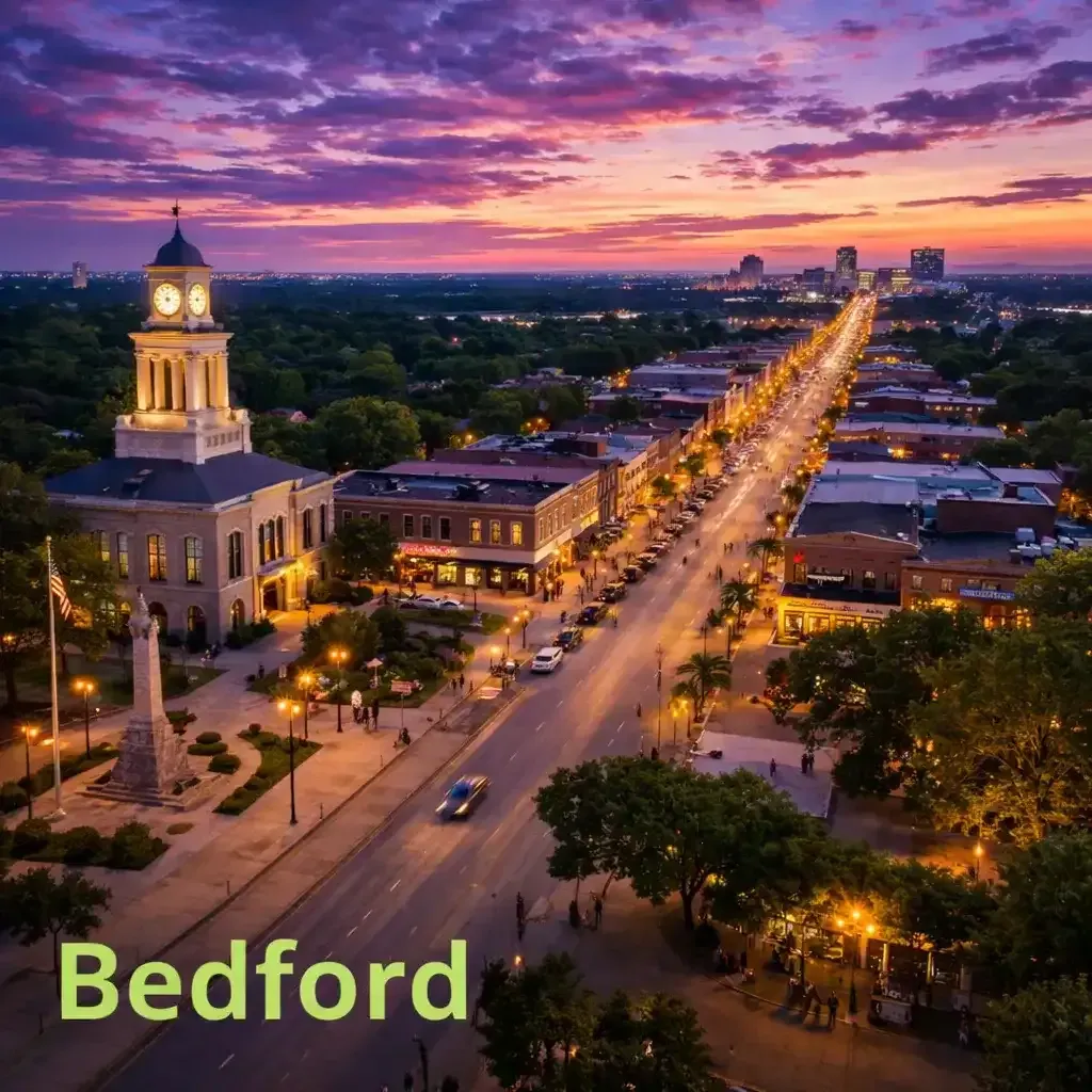 Vibrant evening view of a main thoroughfare in Bedford, Texas, with city lights stretching into the distance