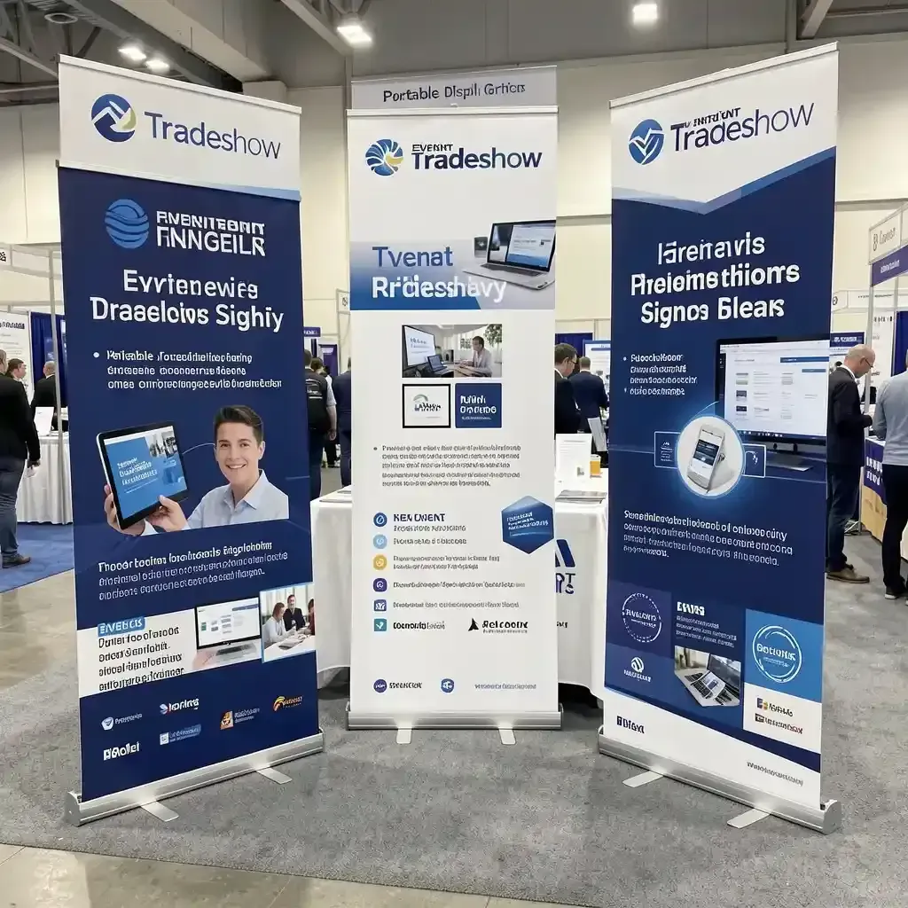 Three tall, blue and white retractable banner stands displaying event schedules and service information at a professional conference