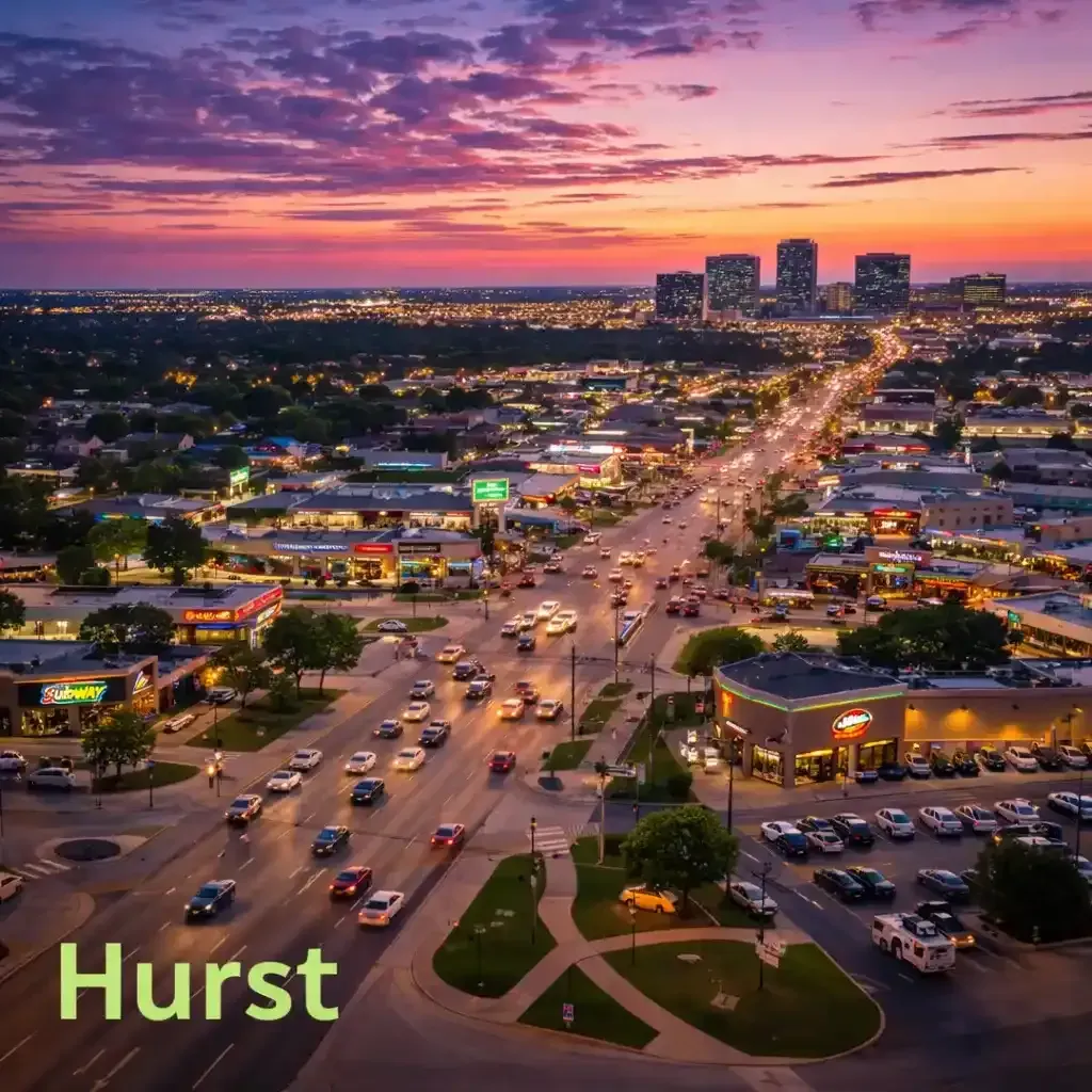 Evening aerial view of Hurst, Texas, with long-exposure lights along a main thoroughfare