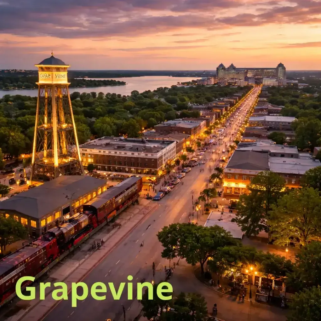 Golden hour aerial view of historic downtown Grapevine featuring the iconic illuminated water tower