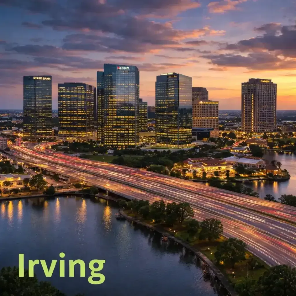 Sunset view of the Irving Las Colinas skyline reflected in the water of Lake Carolyn