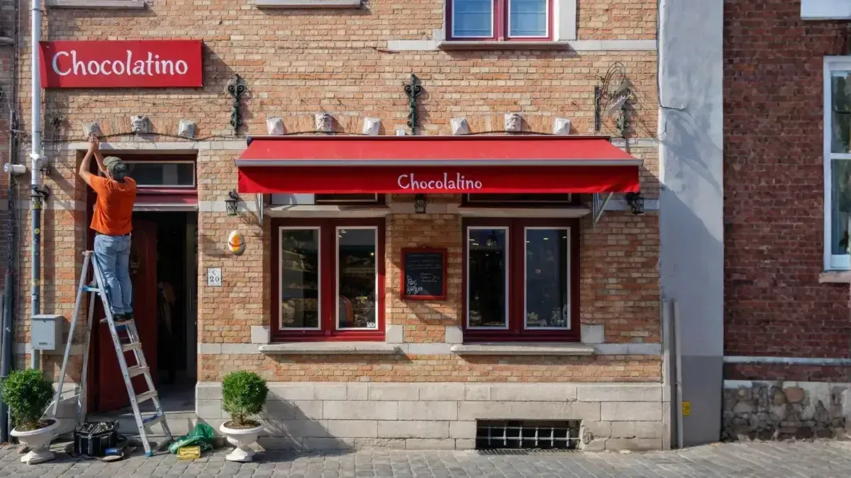 Classic red storefront awning with white script lettering installed over a traditional brick building's windows