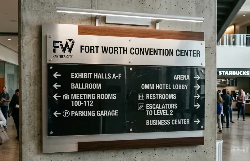  custom black and white 'CFW' branded tablecloth featuring a professional logo on a modern wood-paneled reception desk