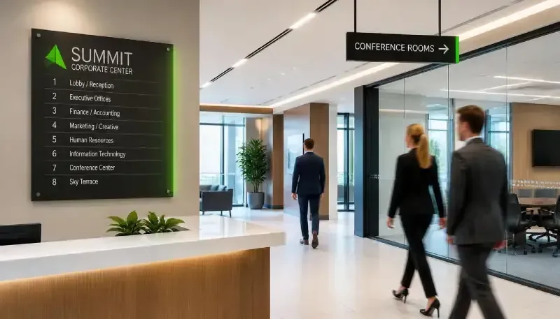 A large, red illuminated wall graphic in a modern office hallway displaying "A world of opportunity" alongside high-quality campus imagery