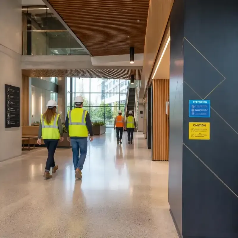 A large, red illuminated wall graphic in a modern office hallway displaying "A world of opportunity" alongside high-quality campus imagery