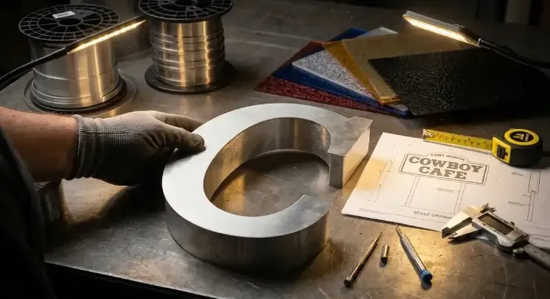 Alt Text: Técnico de letreros en Fort Worth doblando una letra C de aluminio sobre planos para el letrero comercial de Cowboy Cafe.