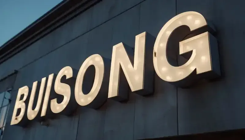 Photorealistic commercial signage maintenance scene in Texas, close-up of a large illuminated channel letter sign mounted on the exterior facade of a modern commercial building at dusk