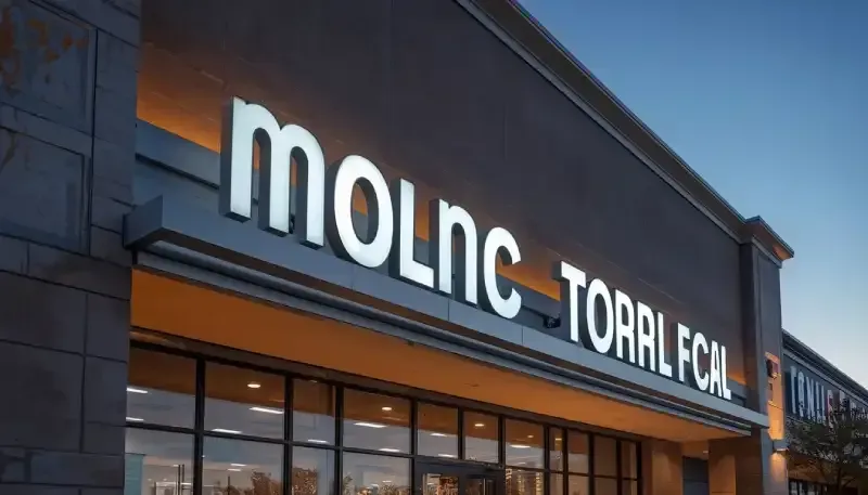 Illuminated channel letters mounted on a painted aluminum raceway attached to a modern commercial building facade.