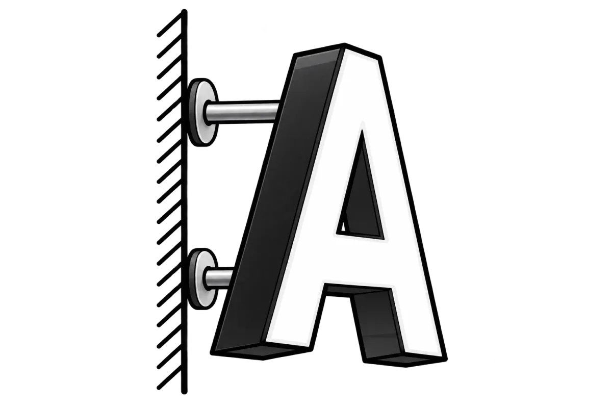 echnical diagram of a dimensional channel letter mounted directly to a building wall using two small individual mounting studs/spacers.