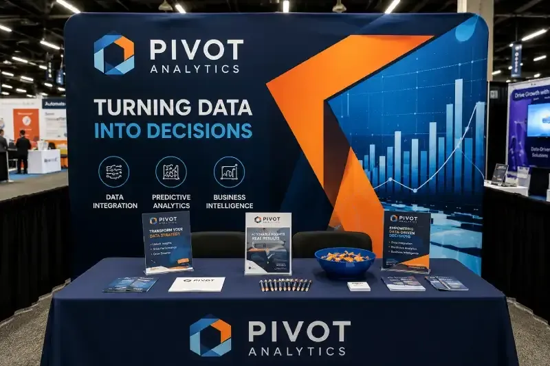 High-quality trade show booth with a premium fabric backdrop, branded table cover, and professional event signage in a convention hall