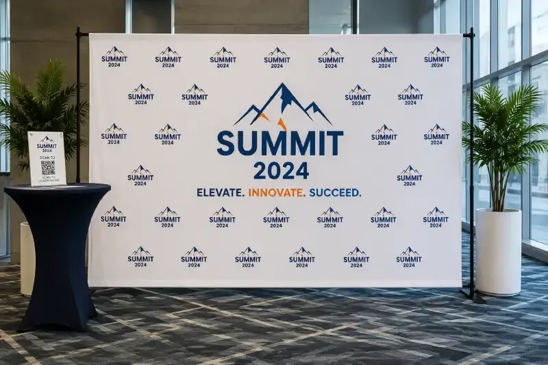 Large 10-foot fabric step-and-repeat backdrop with branded event graphics in a conference venue, illustrating how larger displays increase event signage costs.