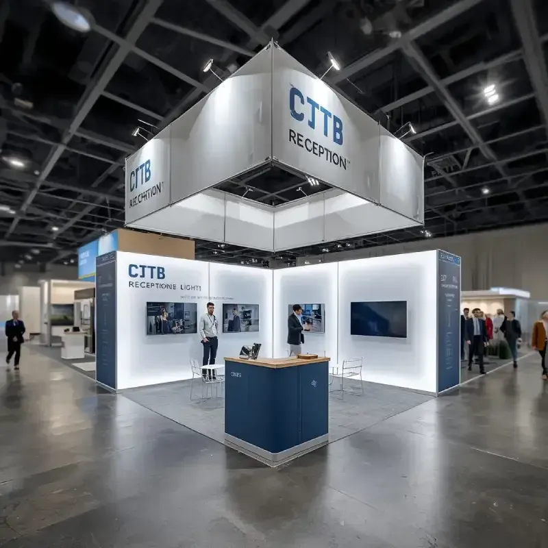 Professional trade show booth with a fabric backdrop and branded display inside a convention center.