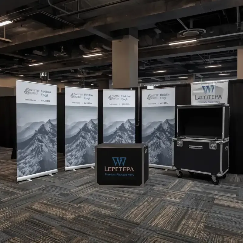 Retractable banner stands and event signage prepared for setup at a convention center.