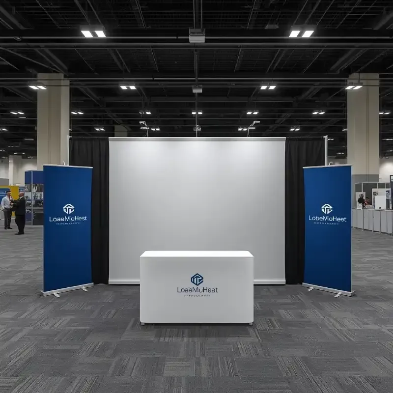 Standard 10x10 trade show booth with a fabric backdrop, banner stands and a branded table cover.