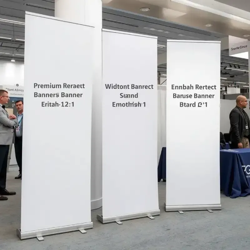 Retractable banner stands in multiple sizes displayed beside a branded event table cover.