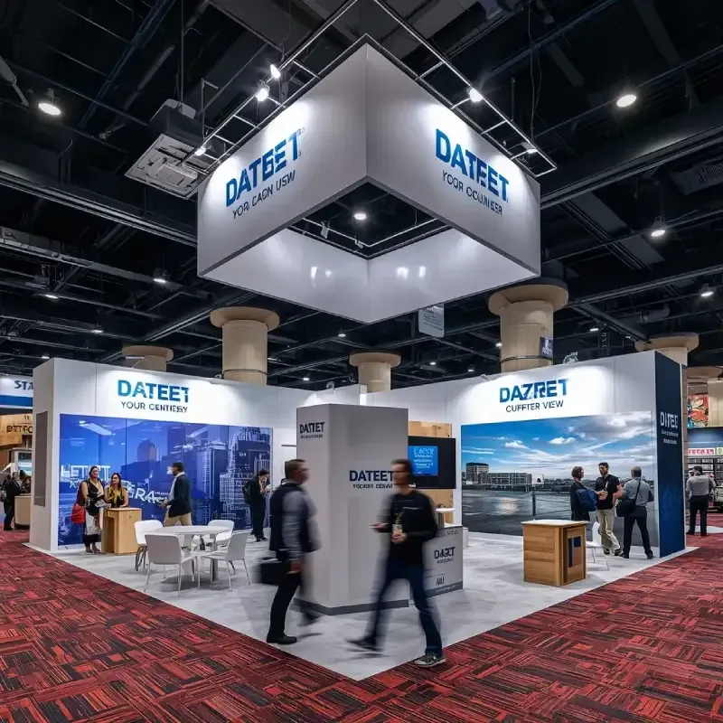 Large 10x20 trade show booth with dual back walls and an overhead hanging sign.