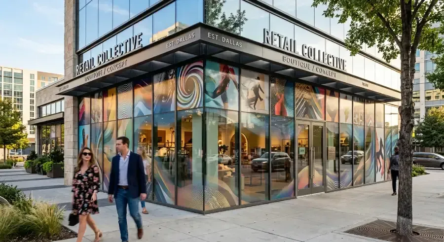 Professional window graphics installed on a modern retail storefront in Dallas-Fort Worth.