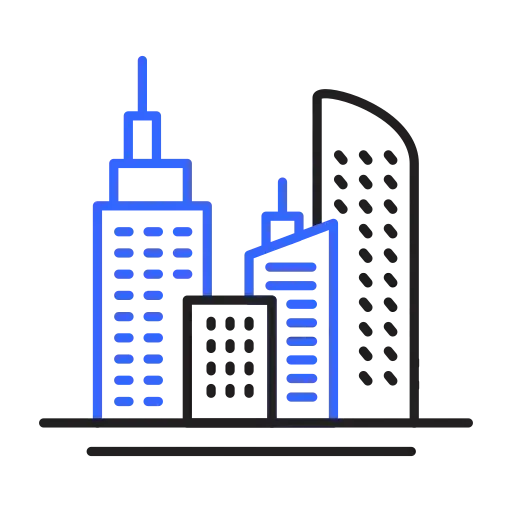 Outline mixed-use development wayfinding icon representing residential, retail, and office properties.