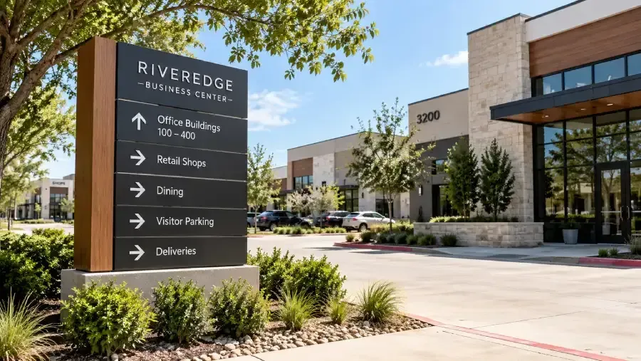 Exterior wayfinding monument sign guiding visitors through a commercial property in Dallas-Fort Worth.