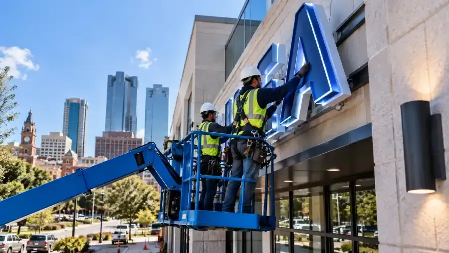 Crew installing illuminated channel letters on a commercial building in Fort Worth.