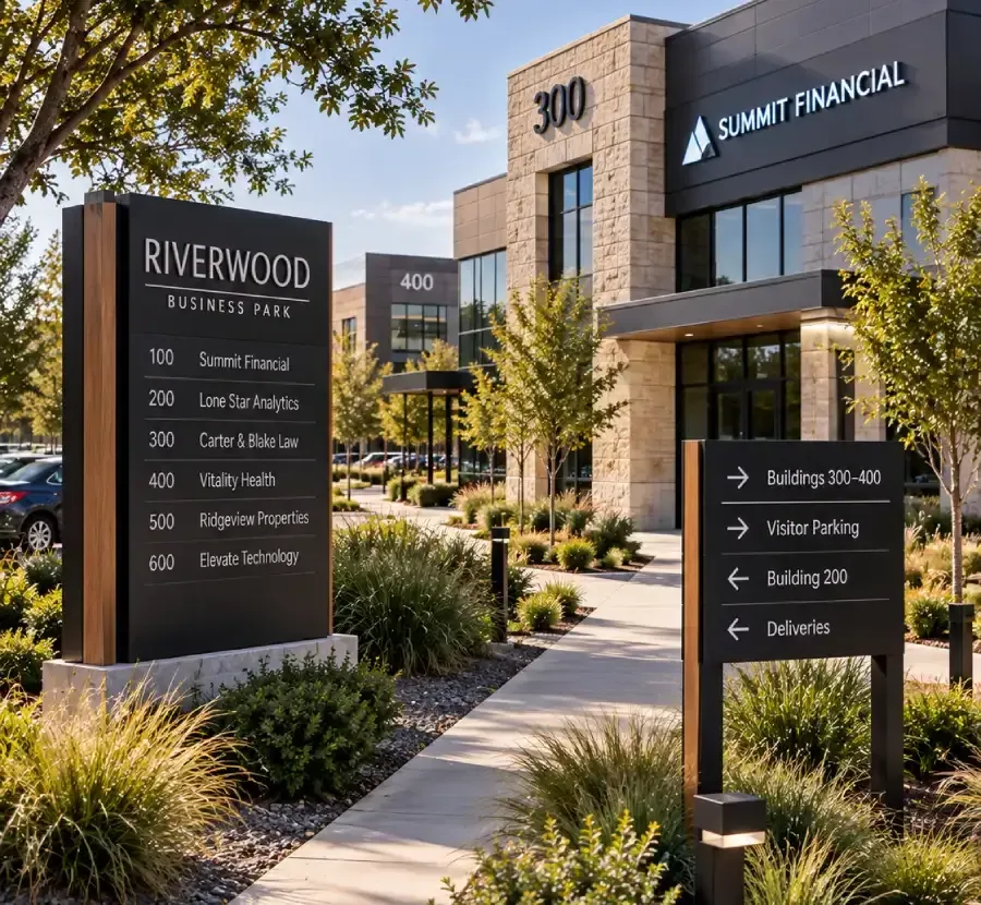 Tenant directory, wayfinding signs, and building identification throughout a modern Dallas business park.