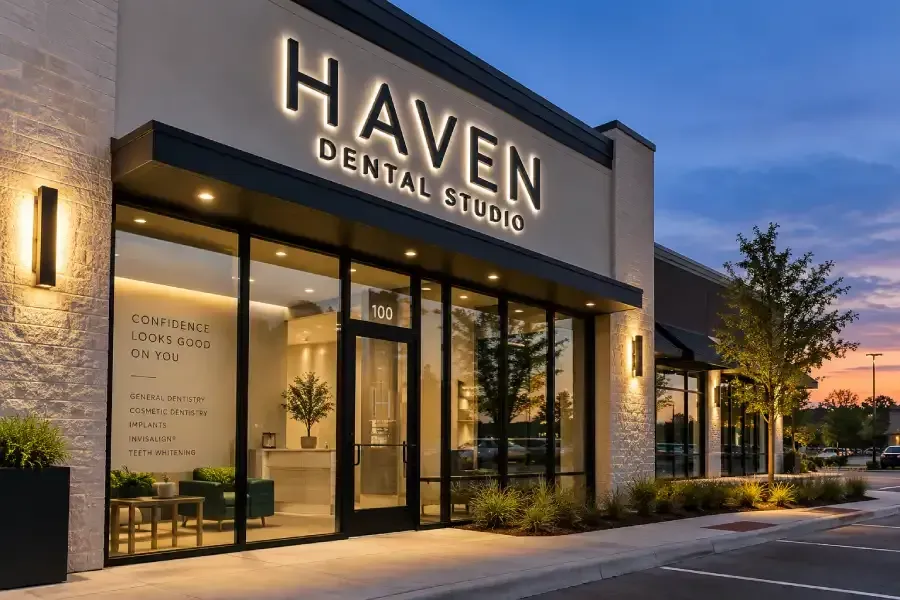 Illuminated retail storefront with channel letter signage in Fort Worth