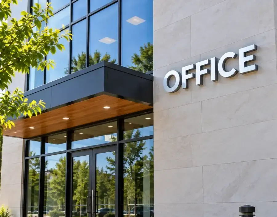 Dimensional office building sign installed on a modern commercial building entrance in DFW.