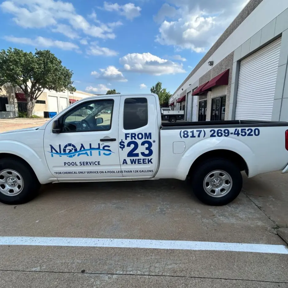 Custom vinyl truck wrap and fleet branding for Noah's Pool Service in Fort Worth.