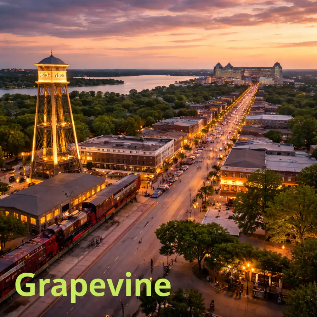 Nighttime view of downtown Grapevine featuring an illuminated historic water tower and glowing city streetlights