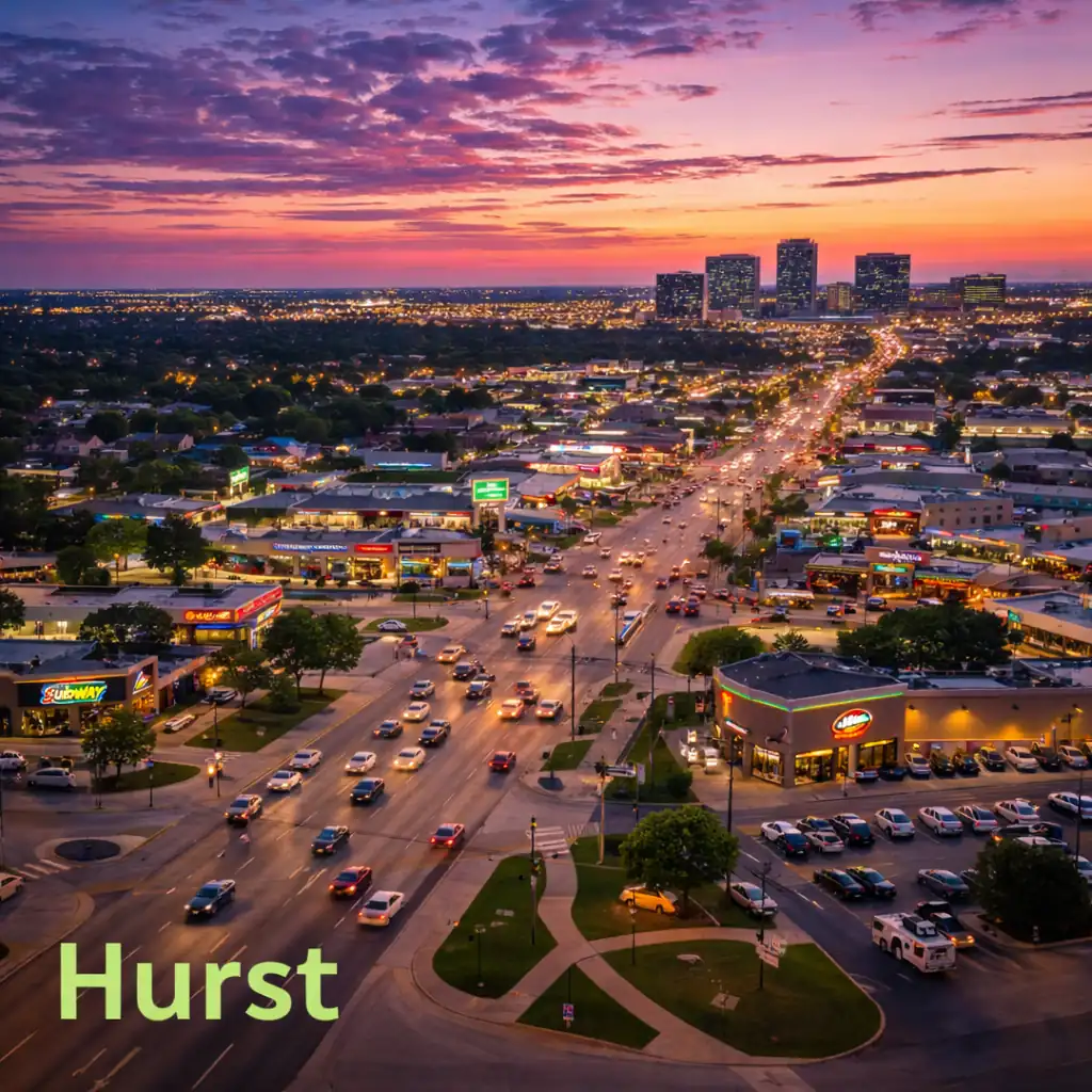Wide-angle cityscape of Hurst, Texas, during the "golden hour" showing local roadways and commercial centers