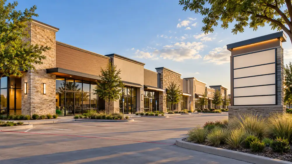 Multi-tenant shopping center in DFW with coordinated storefront signs and shared monument signage.