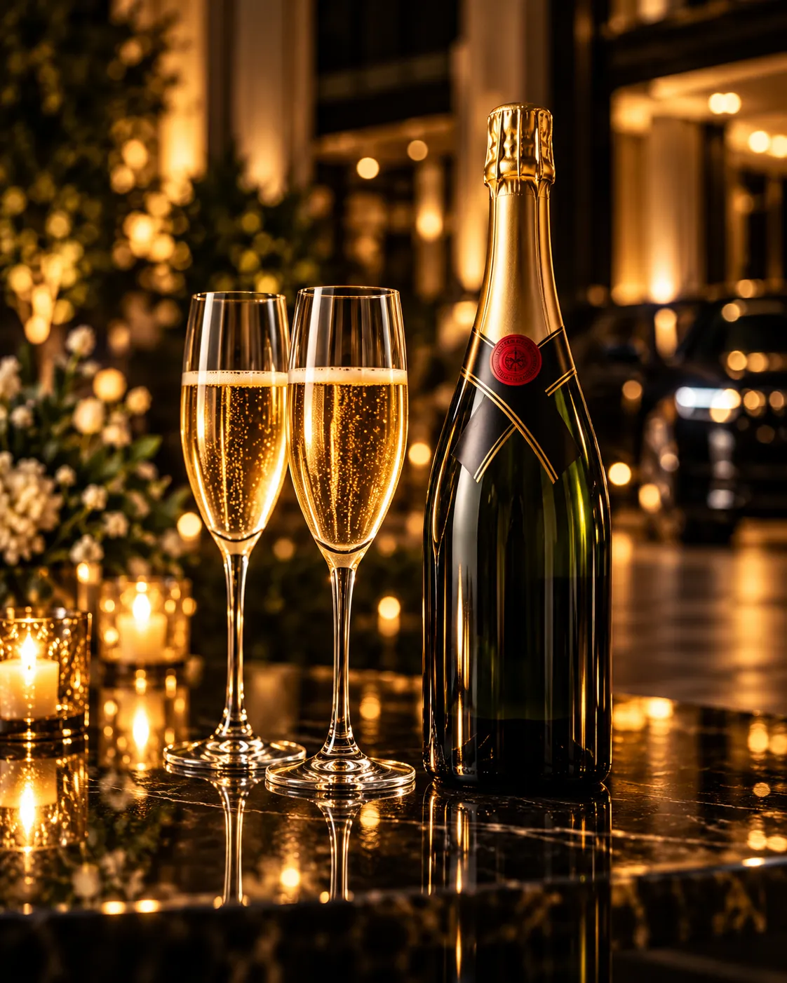 Two flutes of champagne and a bottle of Moet on a dark surface