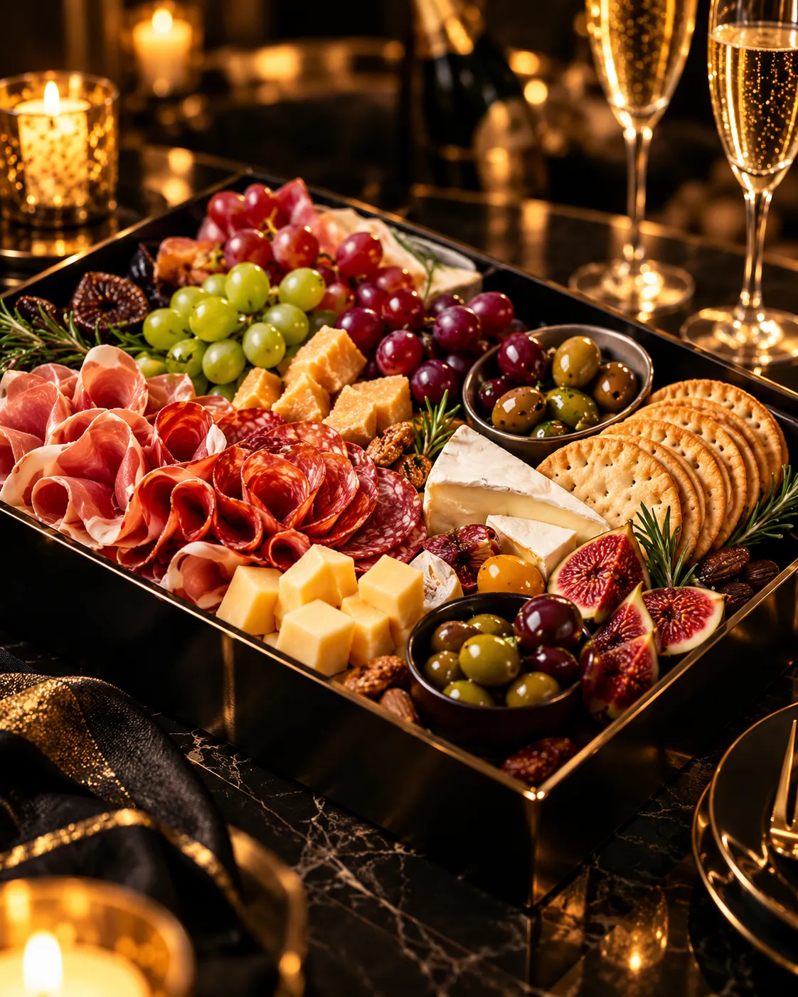 Richly styled charcuterie board with meats, cheeses, grapes, and crackers
