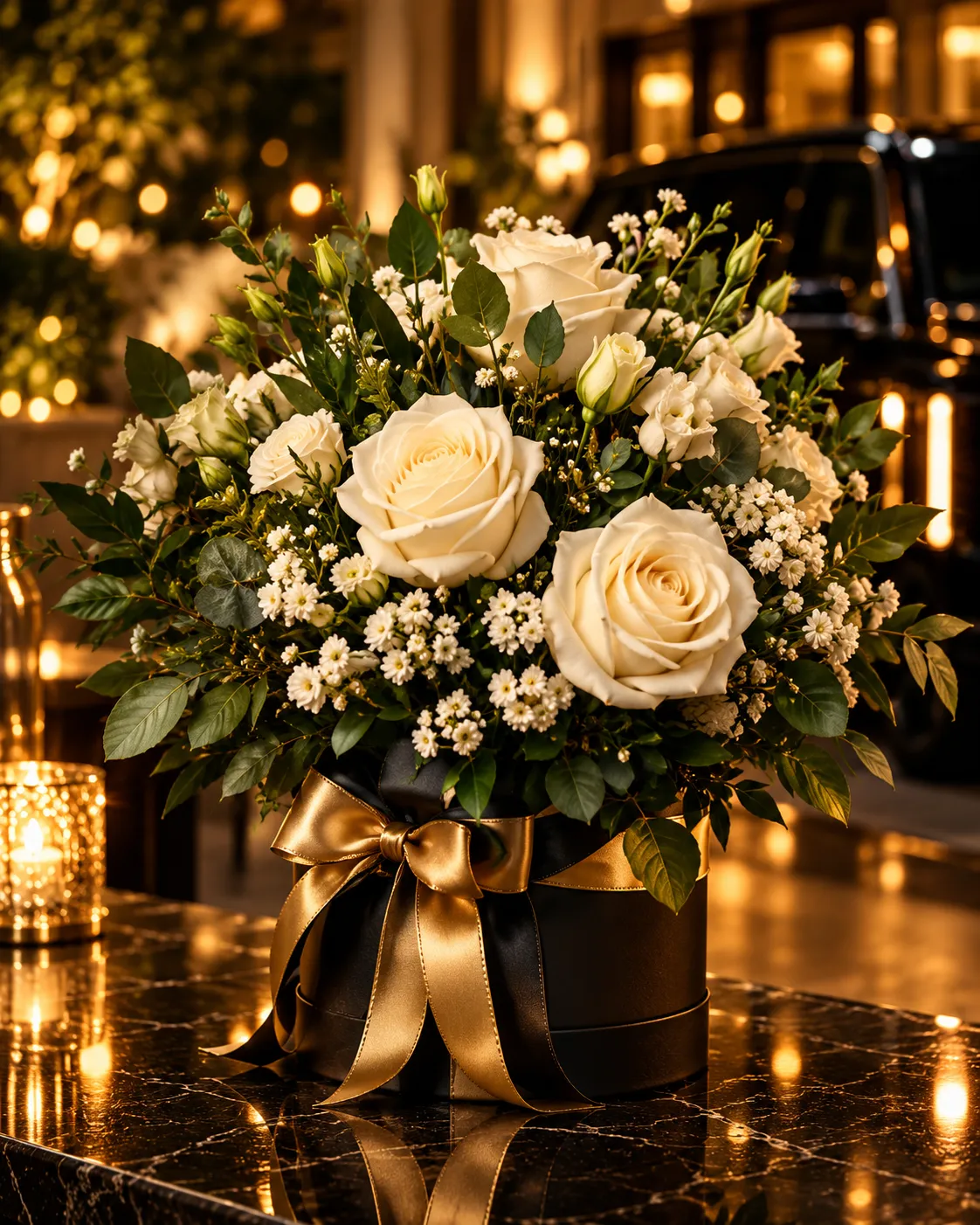 Elegant white floral arrangement with roses and greenery in a black box