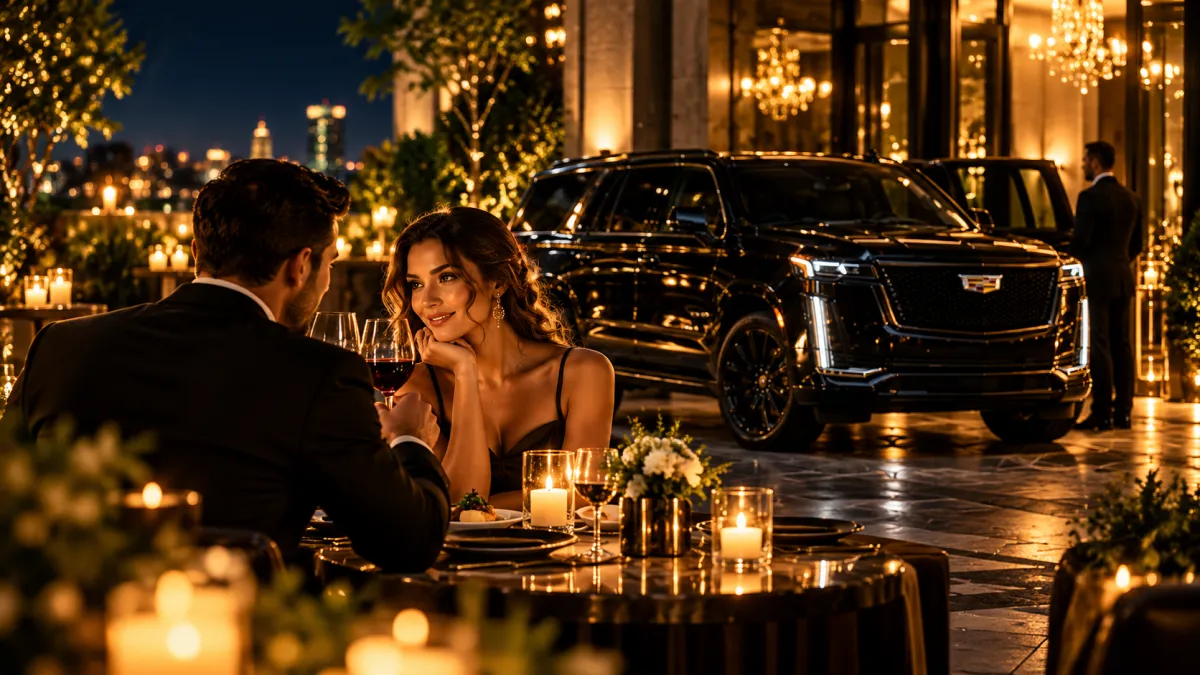 Couple toasting wine glasses at a candlelit dinner table