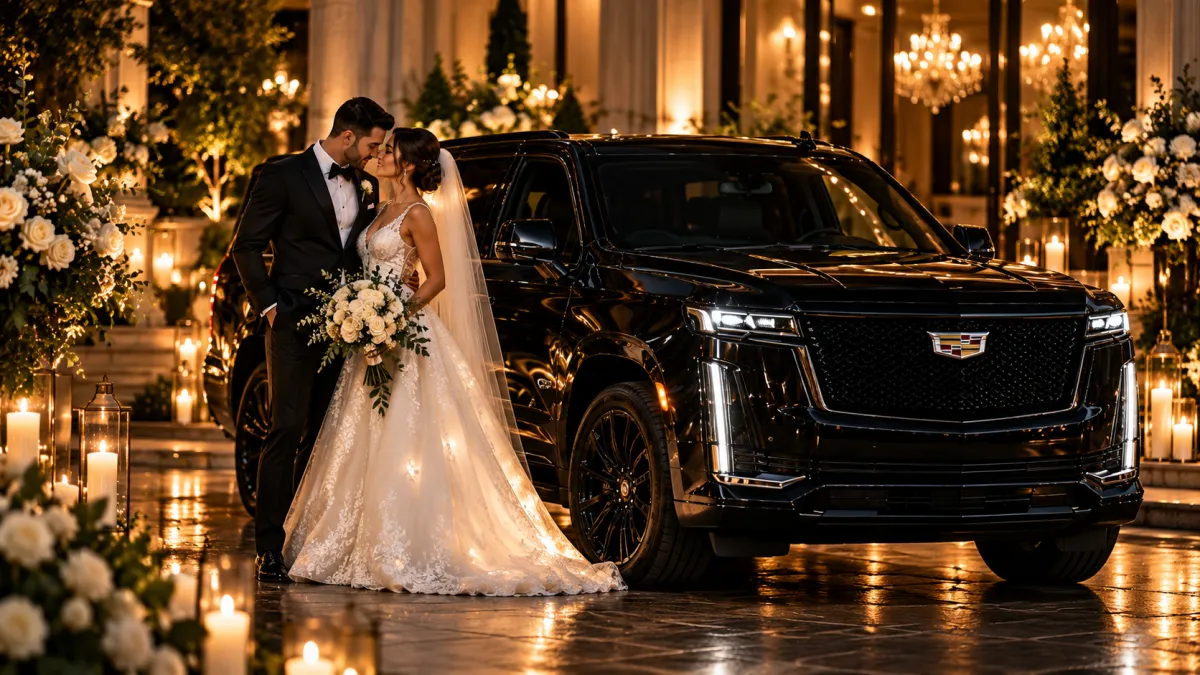 Bride and groom touching foreheads affectionately under warm string lights