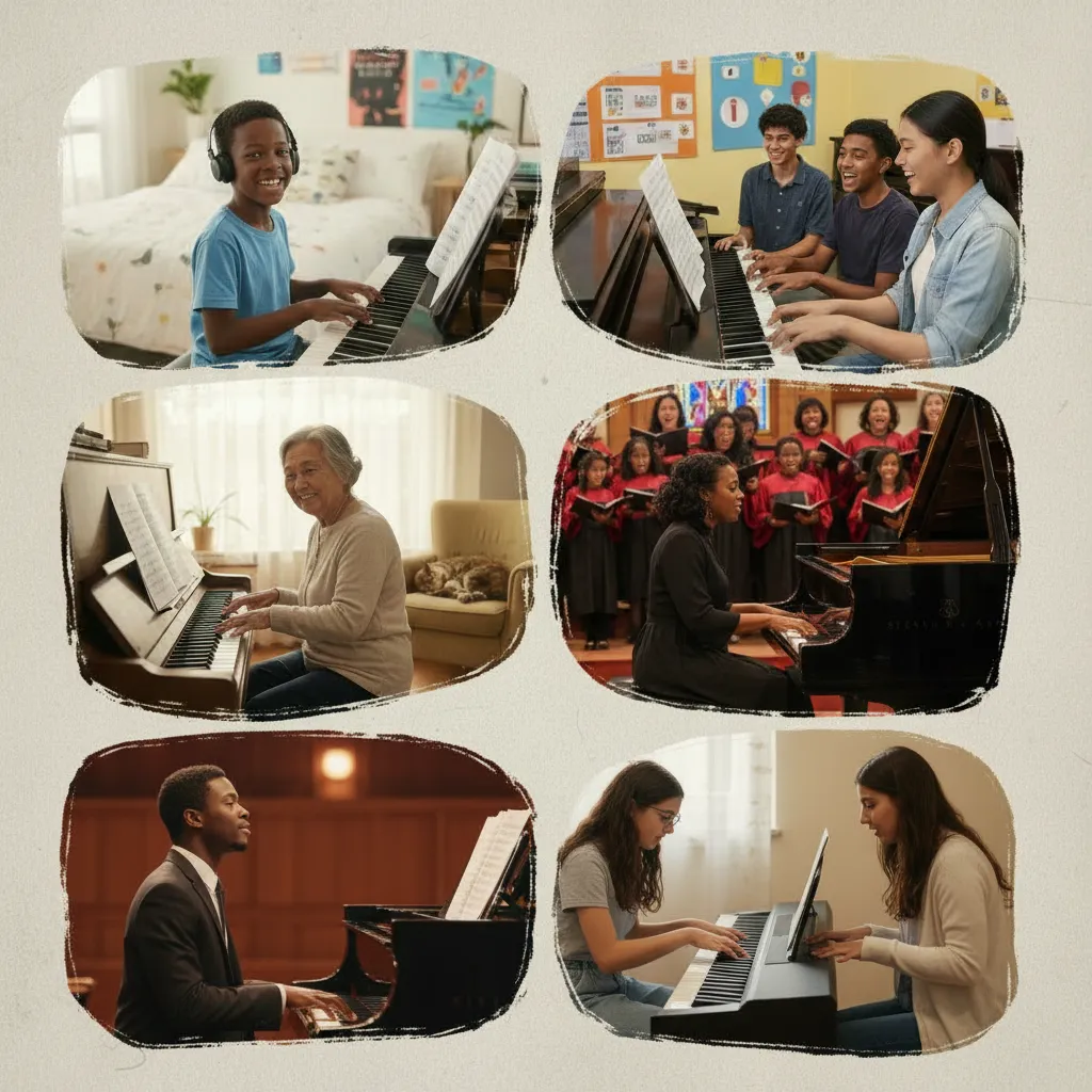 A young Asian man in casual clothes, sitting at an upright piano in a sunlit living room, looking at sheet music with a gentle smile. The room features houseplants and soft natural light, creating a welcoming, homey atmosphere.