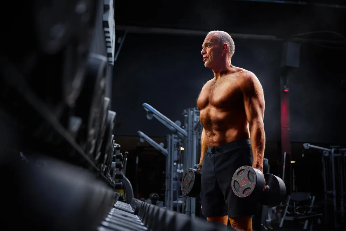 Person tying shoelace next to a dumbbell