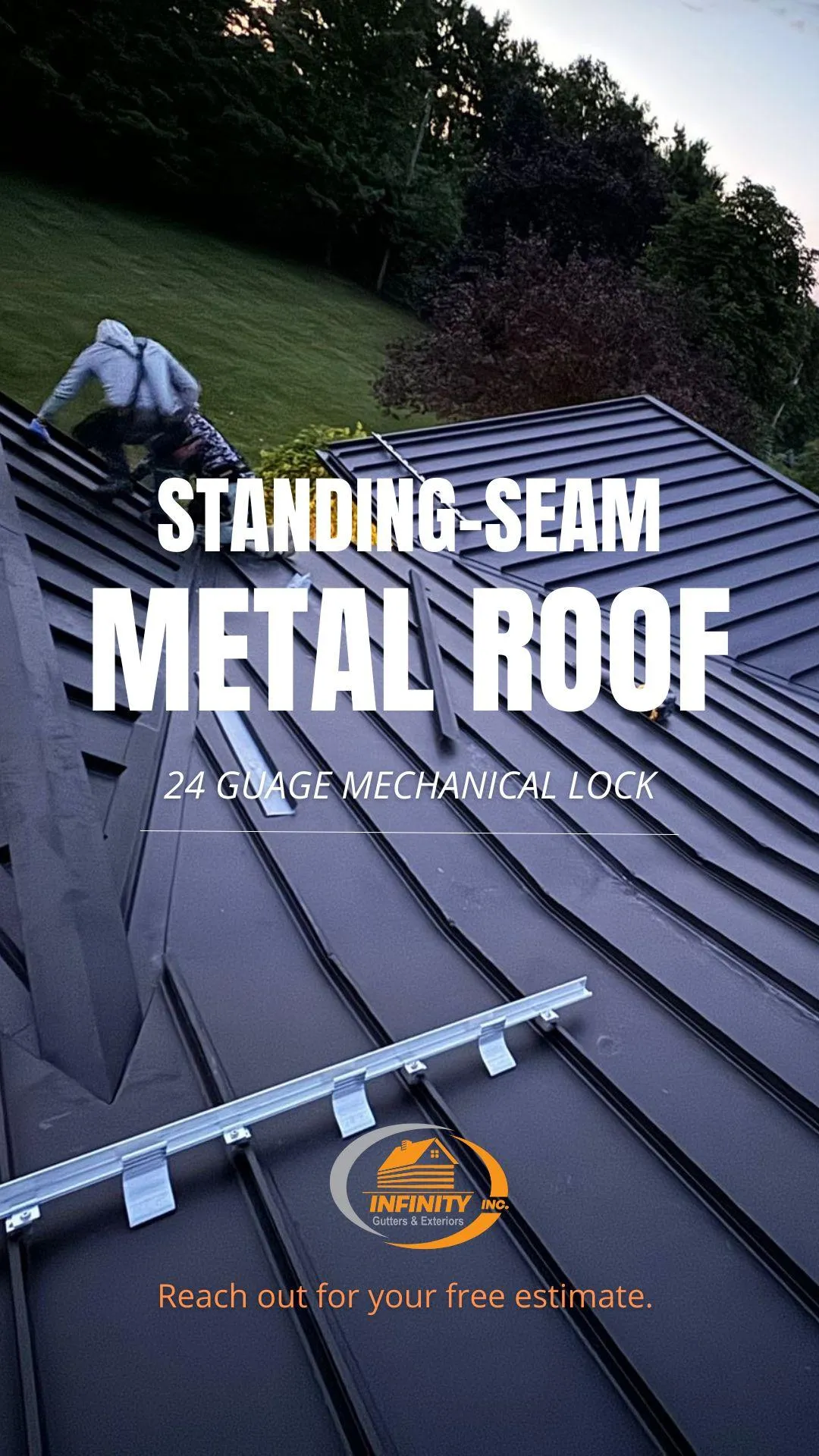 Standing seam black metal roof installation with snow guards and mechanical lock panels completed by Infinity Gutters roofing specialists in Ontario