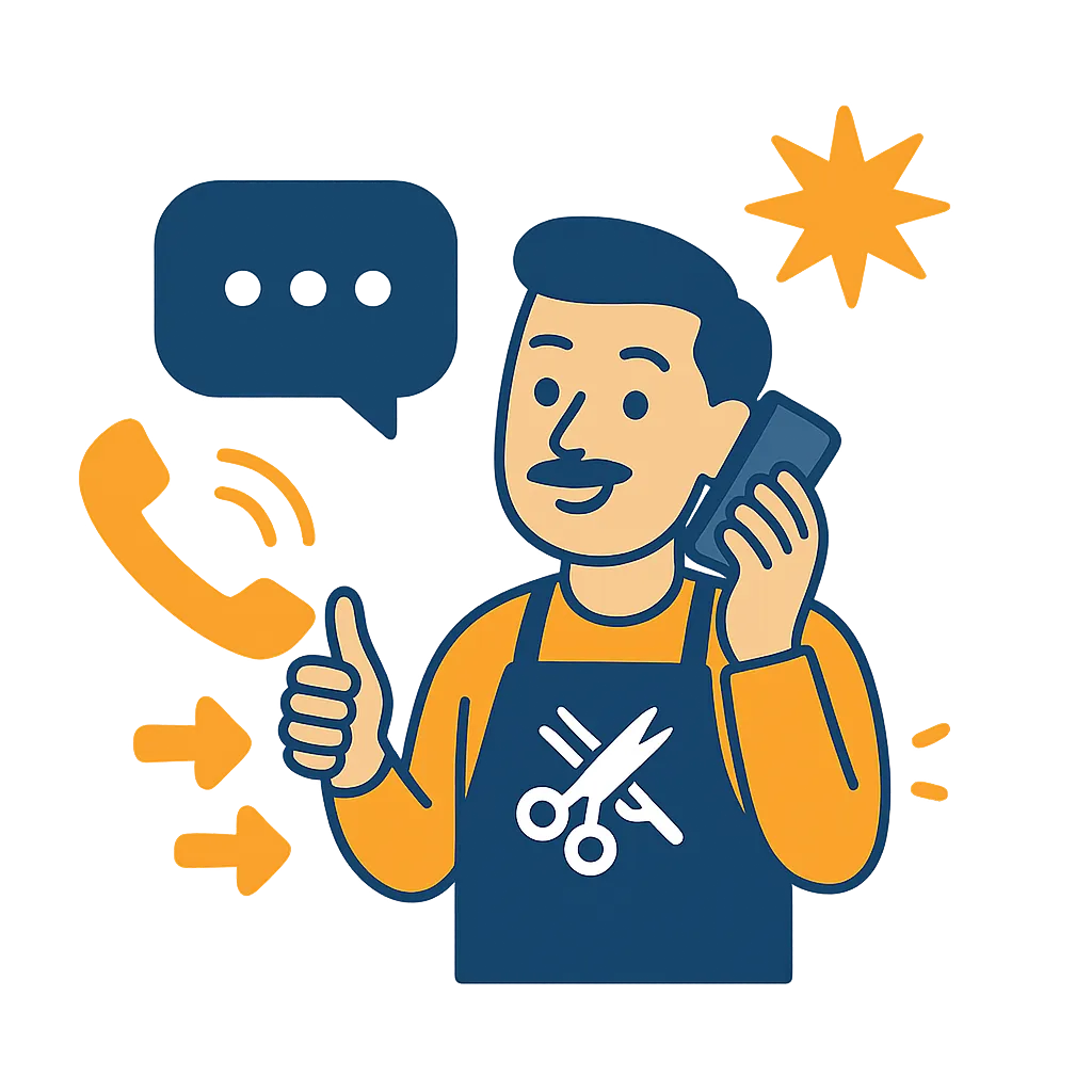 Barbershop owner checking a text message on a smartphone, with a client in the background, modern interior, and a notification bubble overlay.