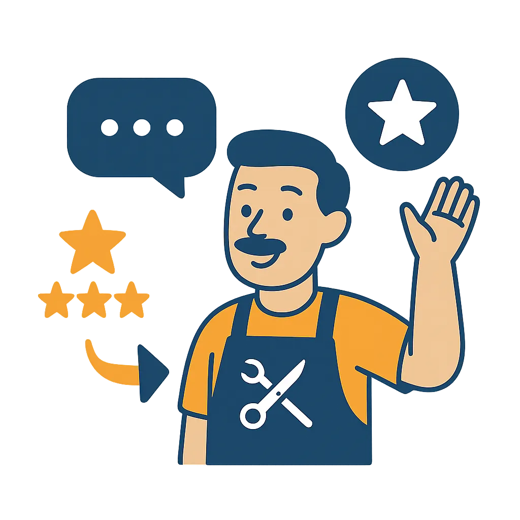 Salon client smiling and leaving a review on a smartphone, bright interior, stylist in background, five-star overlay.