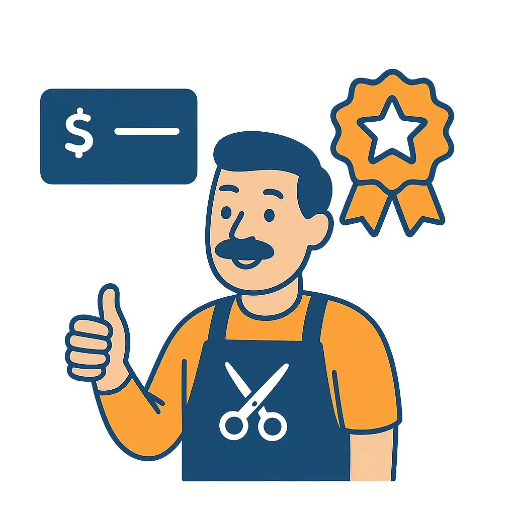 Barbershop client receiving a loyalty card from the barber, friendly handshake, classic interior, loyalty program signage visible.